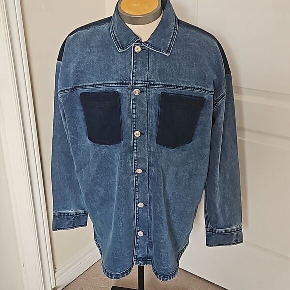RW&CO. Men's Denim Button-Down Oversized Jean Shirt XL Dark Blue Washed - Picture 1 of 16